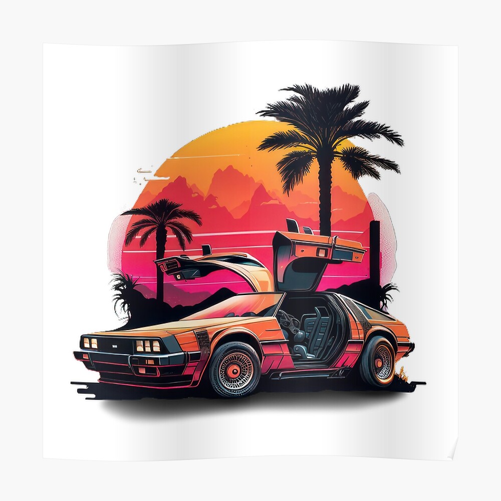 DeLorean 80s Sunset and Palms Art Poster