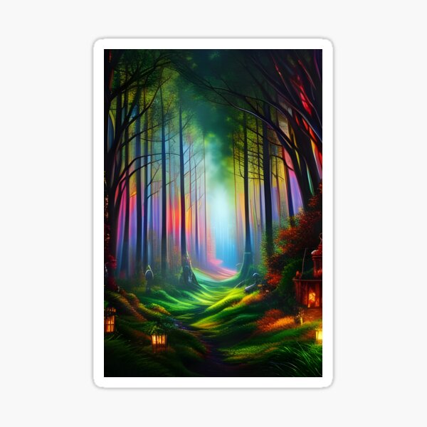 Dreamy Rainbow Colored Forest Trail - Digital AI Art Sticker