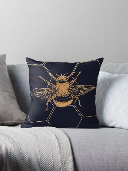 Item preview, Gold Honey bee with honeycomb hexagon pattern on navy background designed and sold by CharlieCreates.