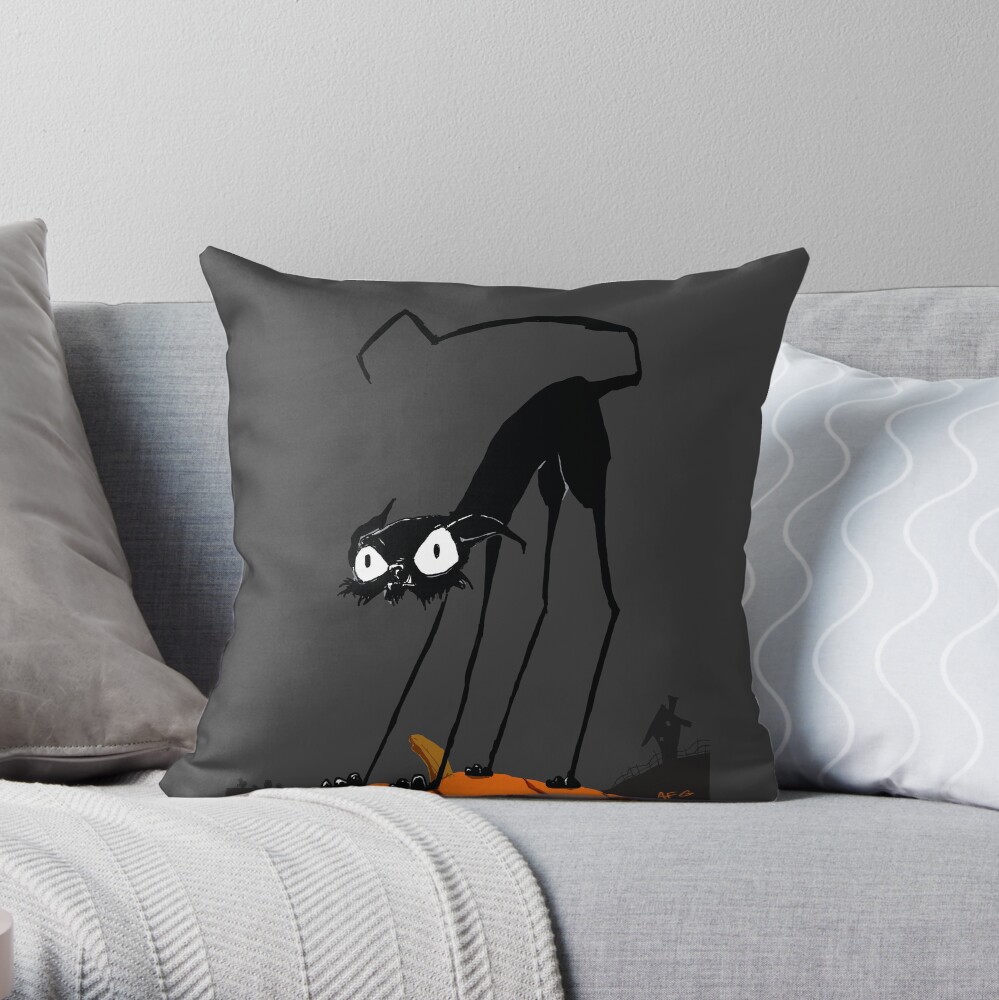 Inktober 2017 Day 27 - Halloween Cat on Pumpkin Throw Pillow