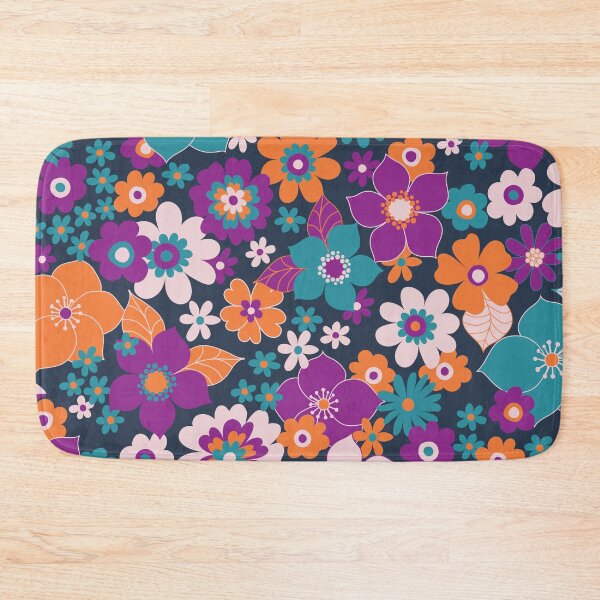 Aperçu de l'œuvre Sunshine garden - Orange, violet et turquoise - rétro des années 1960 1970 inspiré floral par Cecca Designs créée et vendue par Cecca-Designs.