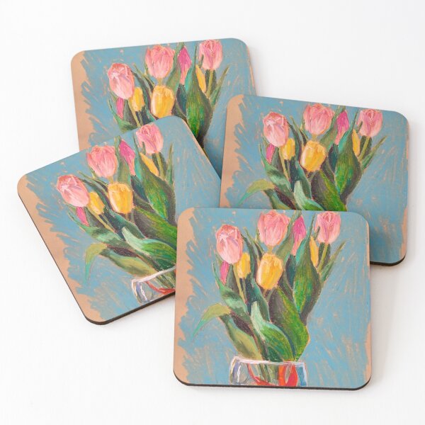 Item preview, Yellow and tulips on blue background designed and sold by DaryaGeft.