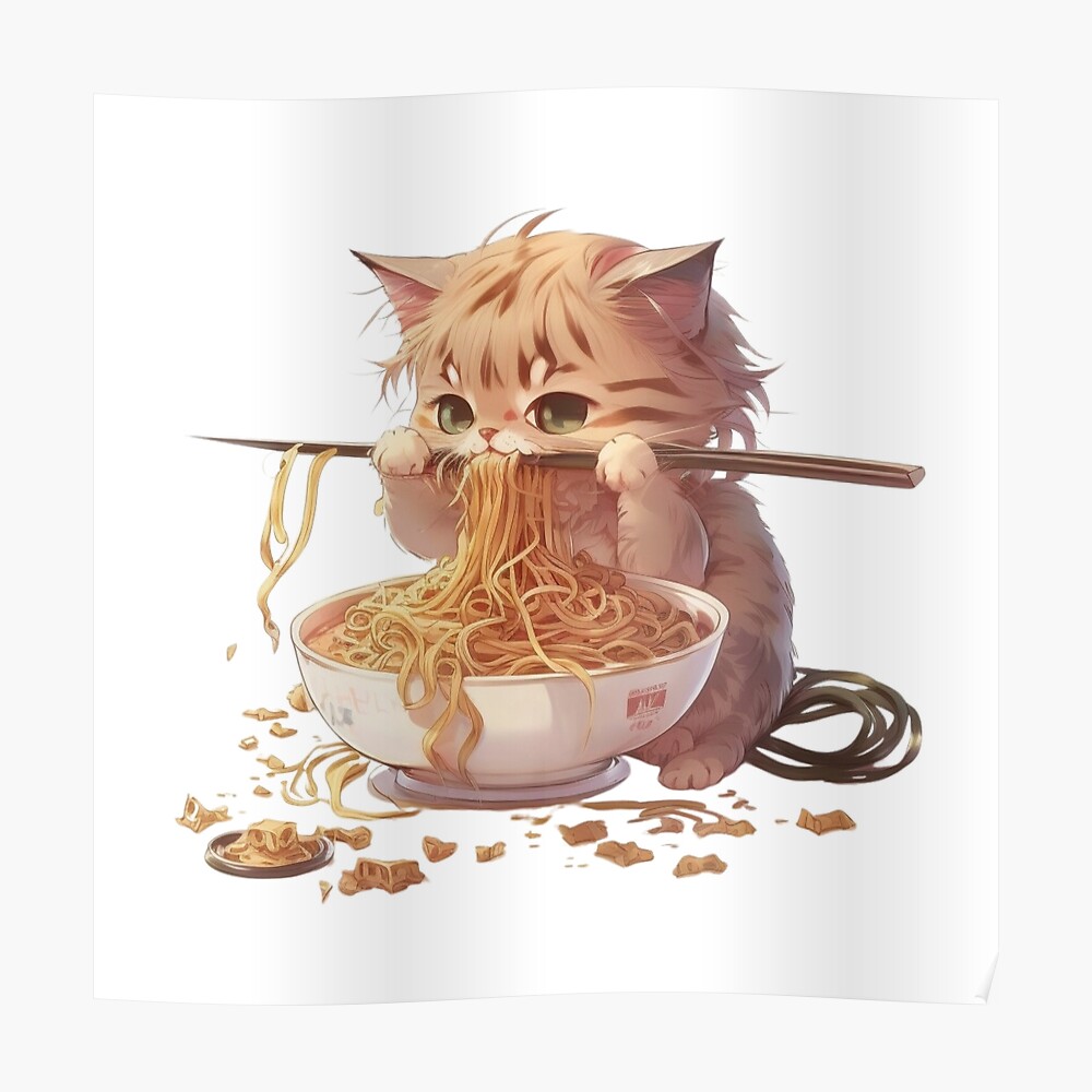 cat eating spaghetti - Noodle-Nomming Kitty: Adorable Anime Character