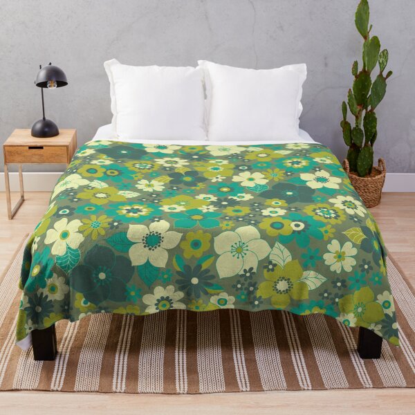 Sunshine garden - Green, teal and cream - retro 1960s 1970s inspired floral by Cecca Designs Throw Blanket
