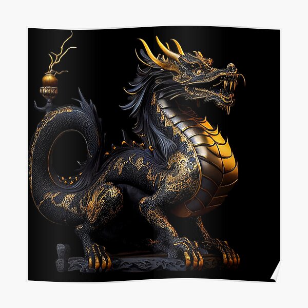 Golden Chinese Dragon Fucanglong on Black Silk Art Print by Serge Averbukh  - Pixels