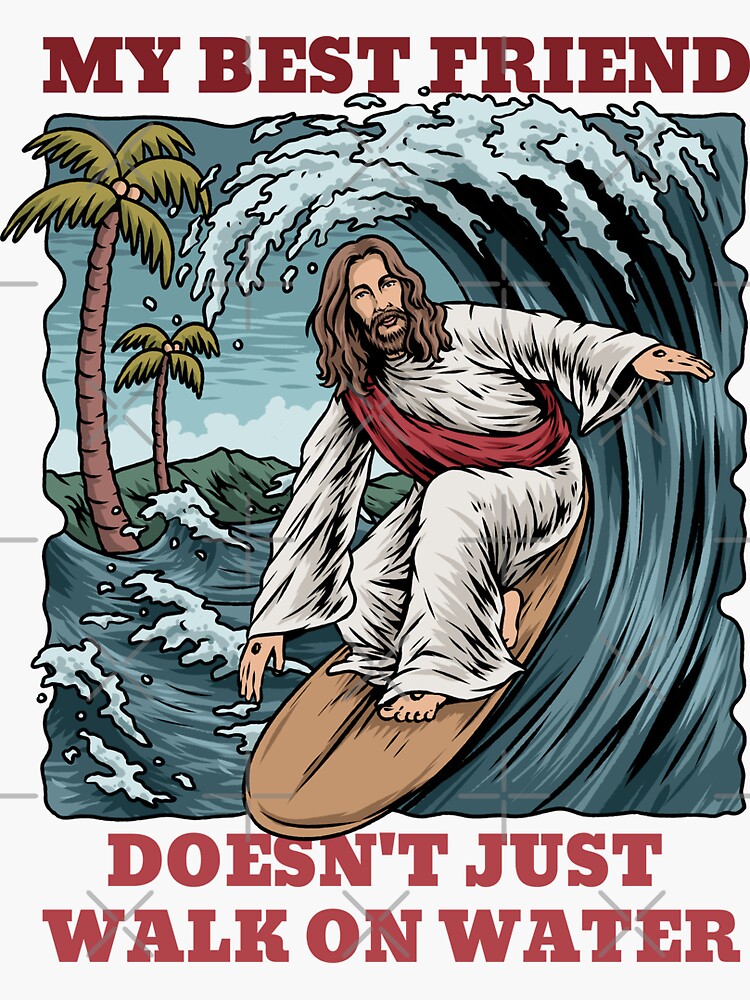 Thumbnail 3 of 3, Sticker, Jesus Surfing designed and sold by ChristlikeMerch.