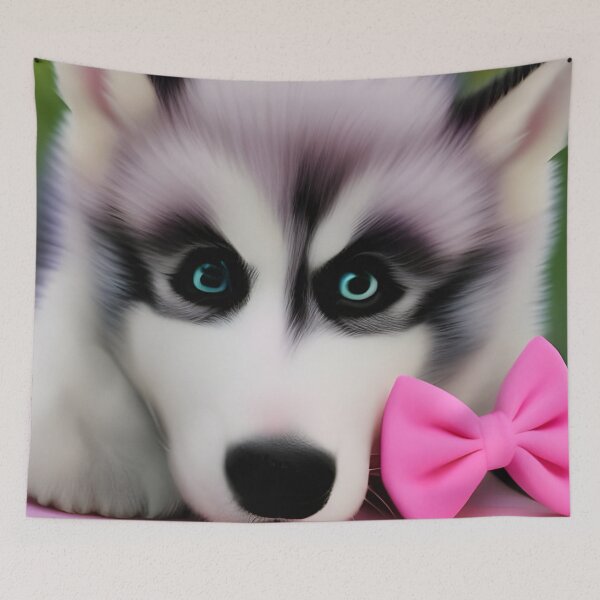 Item preview, A husky puppy wearing a pink bow.  Husky baby, husky puppy, husky mommy, husky mammy designed and sold by Doggymadness.