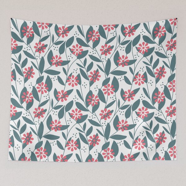 Item preview, Teal Leaves with Salmon Pink Flowers Pattern designed and sold by Lavender Mint Graphics.