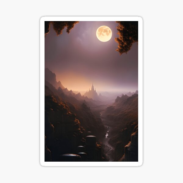 Mystic Full Moon over Fantasy Red Rock Valley Digital AI Art Sticker