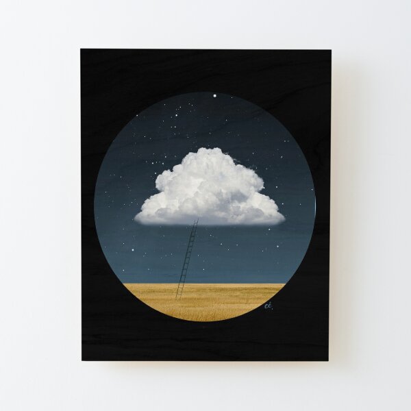 Nuage à échelle Collage surréaliste en photomontage animé: un champ de blé, un ciel étoilé, un nuage passe, une échelle descend on monte, le nuage re part  Impression montée sur bois