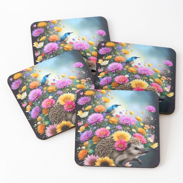 Item preview, Hedgehog with flowers  around him Bird surrounded by flowers designed and sold by Whimsy Bu.