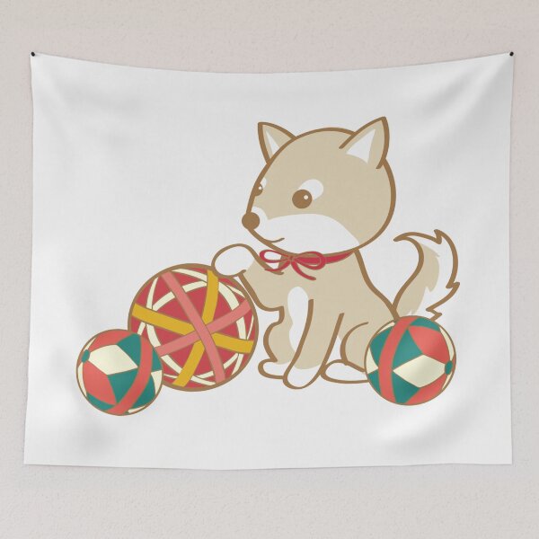 Item preview, cute Akita Shiba Inu plays temari balls |  Vintage Japanese style puppy illustration designed and sold by aliciabutterfly.