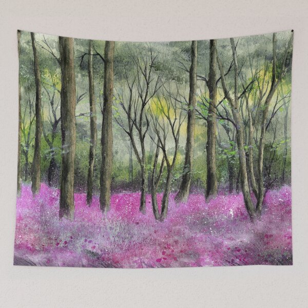 Item preview, Spring forest with tall trees and a bluebell glade designed and sold by MaryWatercolor.