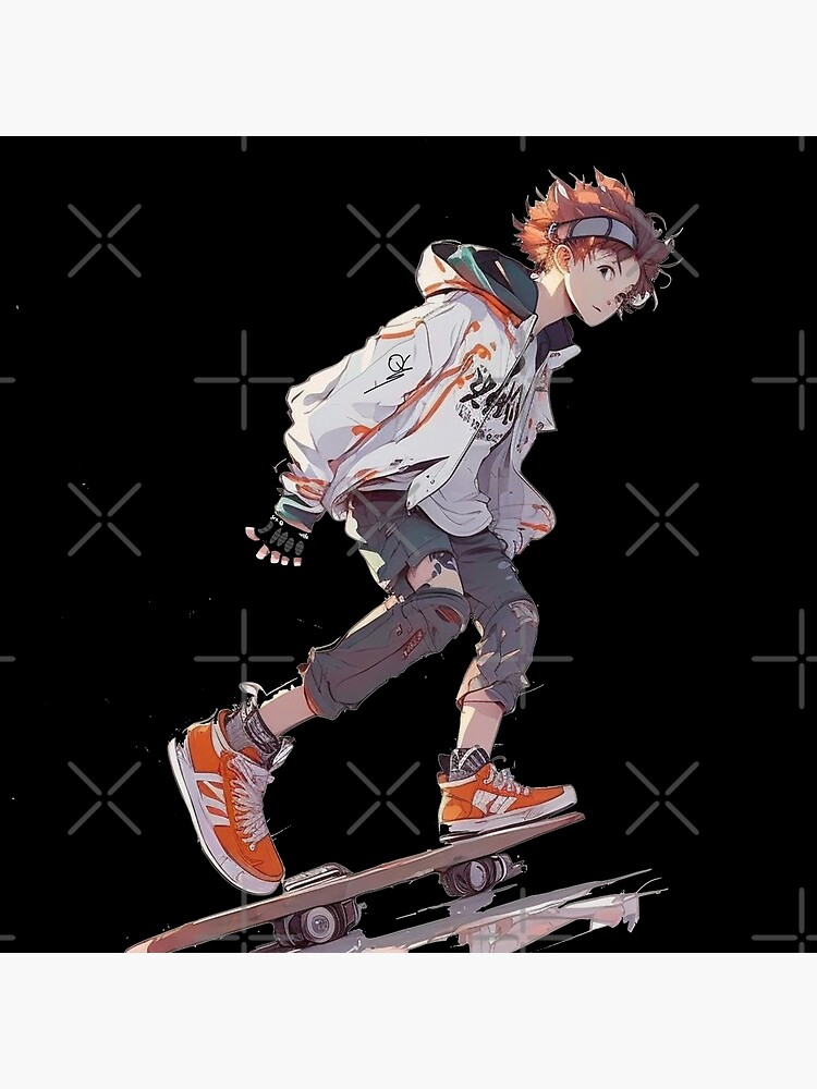 Anime girl with blue hair and a red scarf skateboarding, animes de  skateboarding 