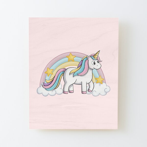 Cute Unicorn With Rainbow Wood Mounted Print