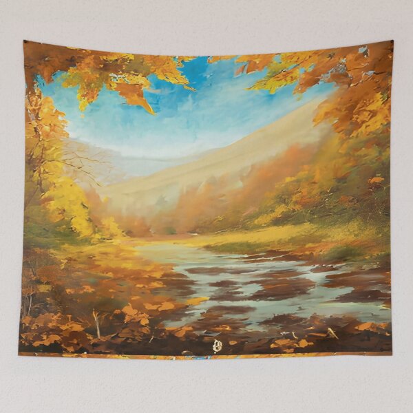 Item preview, Romantic autumn landscape with a river surrounded by leaves from trees designed and sold by Rostislav Bouda.