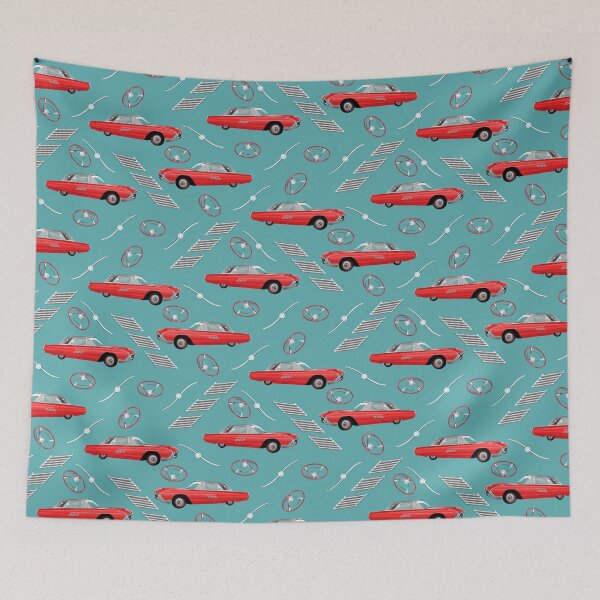 Item preview, 1963 Red Hot Hot Rod Antique Car on Medium Light Teal Half-Drop Repeat 5748 designed and sold by Art in My Loft.