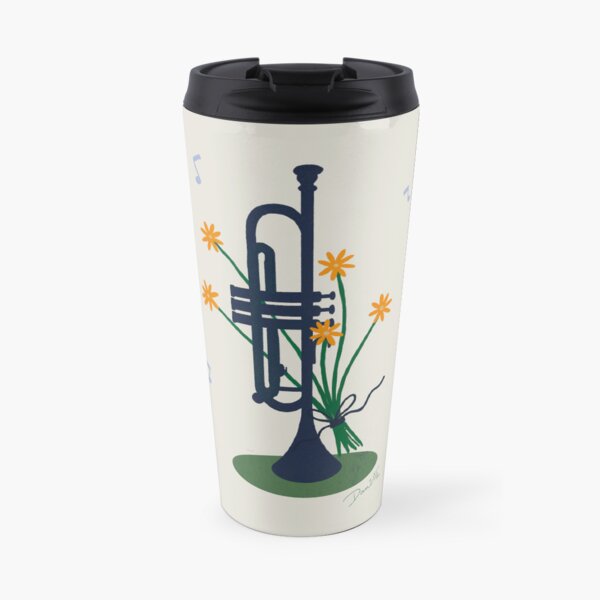 Dark Blue Trumpet With Sweet Flower Bouquet In The Background Travel Coffee Mug