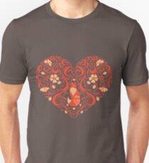 Openwork heart from a flower ornaments with a fox. Emblem, a symbol of Valentine's day. Decorative item. Unisex T-Shirt