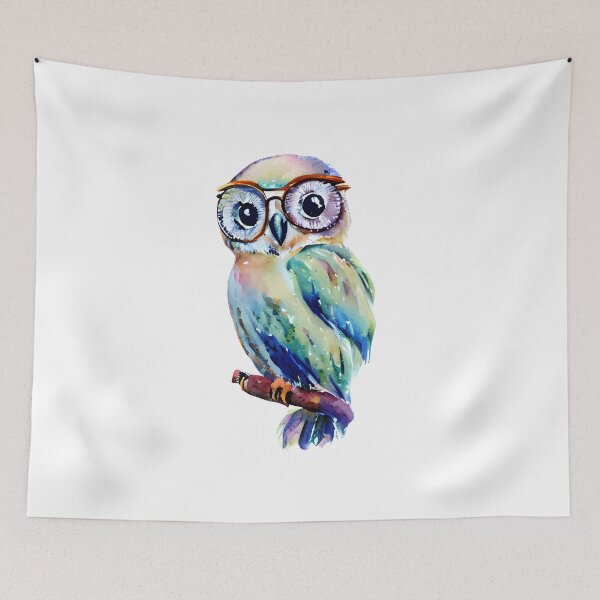 Item preview, Cute Colorful Watercolor Wise and Whimsical Owl Art - Adorable Owl with Glasses on Branch designed and sold by Cawaiico.