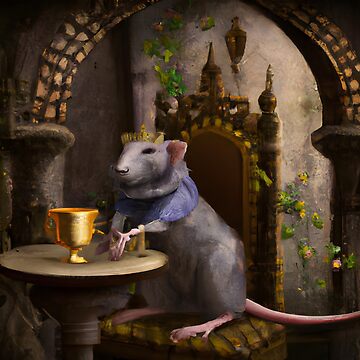 Medieval painting, realistic grey rat wearing a crown