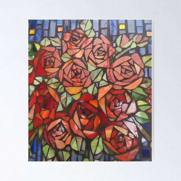 Rose mosaic wall art; vibrant red, blue and green stained glass on wooden canvas is ready to hang; one of a kind wall art; rose high quality wall art