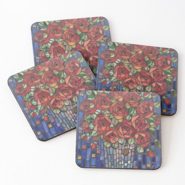 Item preview, Red roses in a vase using stained glass in a mosaic on a blue background  designed and sold by suespaintroom.