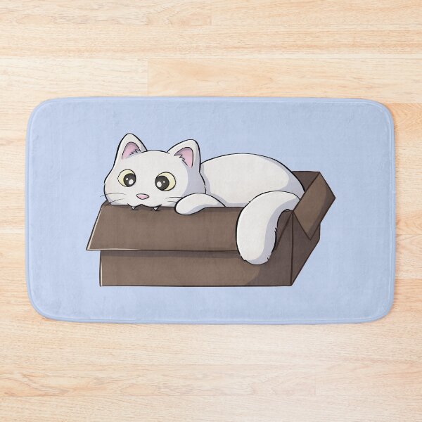 White Cat Biting A Box Bath Mat