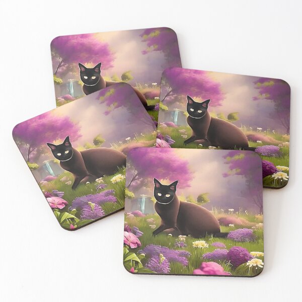 Artikelvorschau, Schwarze Katze im Garten mit lila rosa und gelben Blumen entworfen und verkauft von Dawn Thibodeaux.