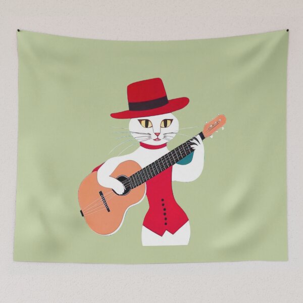 Item preview, Cat with red hat and guitar - cat artist - gift for cats lovers designed and sold by MANKOURY.