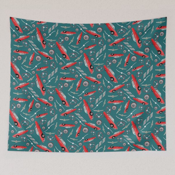 Item preview, 1963 Red Hot Hot Rod Antique Car Ditsy Tossed on Teal Half-Drop Repeat 5748 designed and sold by Art in My Loft.
