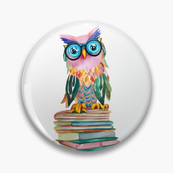 Item preview, Colorful Watercolor Whimsical Owl with Glasses Sitting and Books - Pastel Owl Art 1 designed and sold by Cawaiico.