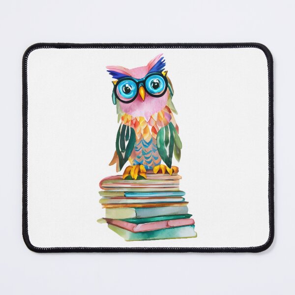 Item preview, Colorful Watercolor Whimsical Owl with Glasses Sitting and Books - Pastel Owl Art 1 designed and sold by Cawaiico.