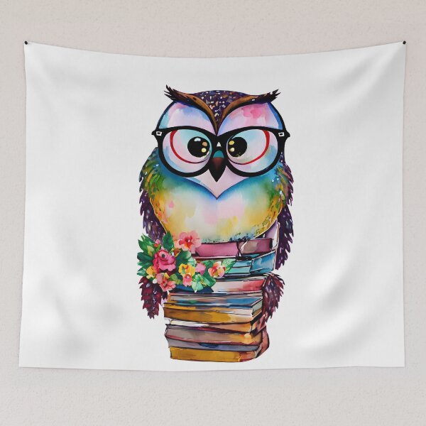 Item preview, Colorful Wise and Whimsical Owl Watercolor Art - Adorable Owl with Glasses on Books  designed and sold by Cawaiico.