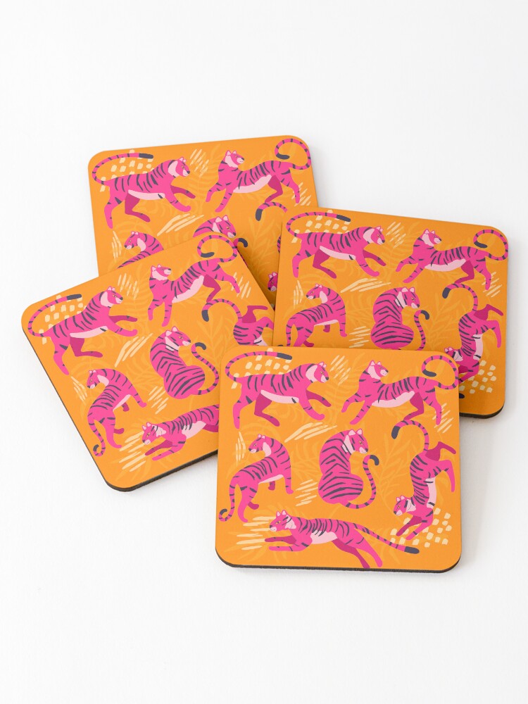 Thumbnail 1 of 5, Coasters (Set of 4), Pink Tigers on Orange designed and sold by BlueLela.