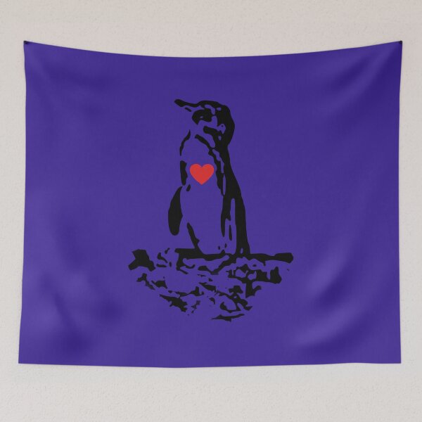 Artikelvorschau, Galapagos Penguin Black with Red Heart (Dark Purple #3A2096 background) entworfen und verkauft von SBPenguins.