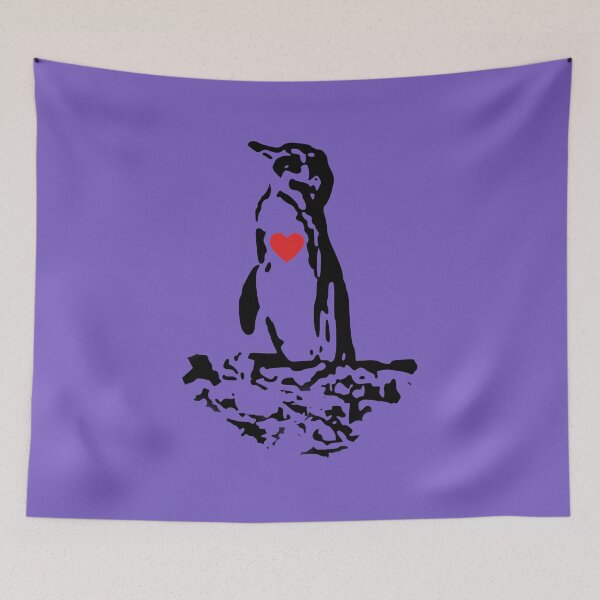 Artikelvorschau, Galapagos Penguin Black with Red Heart (Light Purple #795FC1 background) entworfen und verkauft von SBPenguins.
