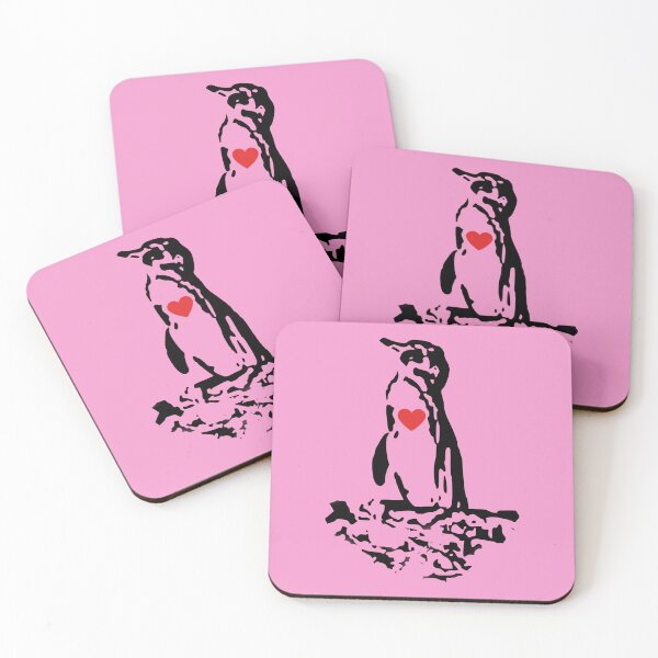 Item preview, Galapagos Penguin Black with Red Heart (Pink #F699CD background) designed and sold by SBPenguins.