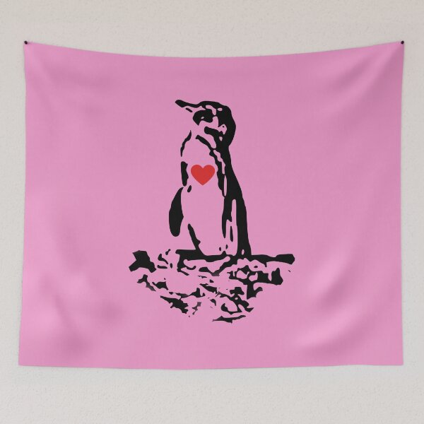 Artikelvorschau, Galapagos Penguin Black with Red Heart (Pink #F699CD background) entworfen und verkauft von SBPenguins.