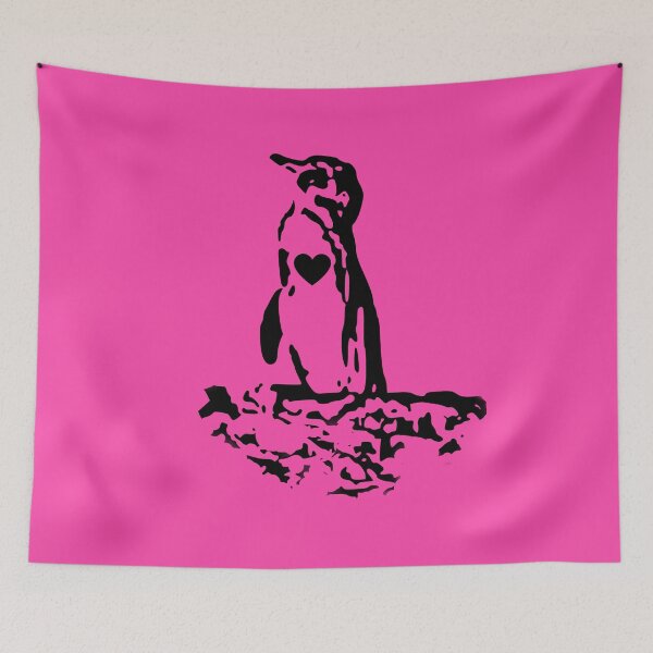 Artikelvorschau, Galapagos Penguin Black with Black Heart (Fuchsia #FC46AA background) entworfen und verkauft von SBPenguins.