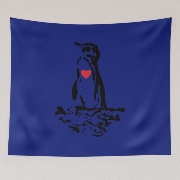 Artikelvorschau, Galapagos Penguin Black with Red Heart (Blue #0F1D7B background) entworfen und verkauft von SBPenguins.