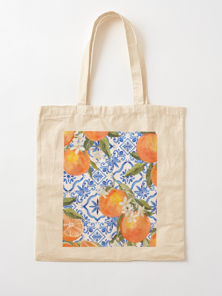 Orange Reversible Tote Bag Cotton Canvas Reusable Fruit Lemon 