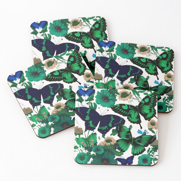 Item preview, Floral pattern of green and gold with butterflies, Zebra Longwing Butterfly, Ulysses Butterfly, Peacock Pansy, Emerald Swallowtail, Blue Clipper Butterfly, Eighty Eight Butterfly, Monarch butterfly designed and sold by MTJ-Mushrooms.