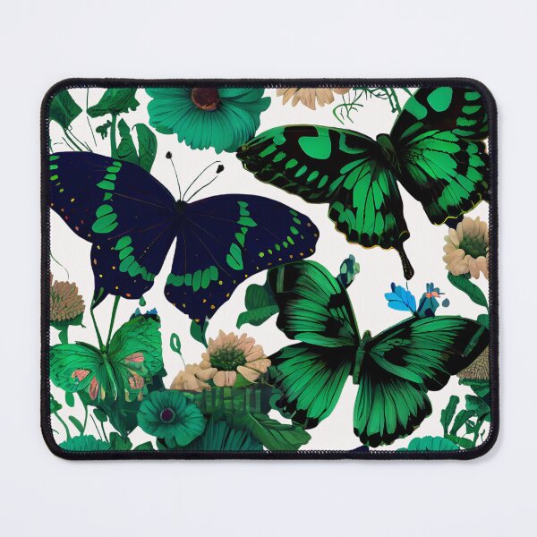 Item preview, Floral pattern of green and gold with butterflies, Zebra Longwing Butterfly, Ulysses Butterfly, Peacock Pansy, Emerald Swallowtail, Blue Clipper Butterfly, Eighty Eight Butterfly, Monarch butterfly designed and sold by MTJ-Mushrooms.