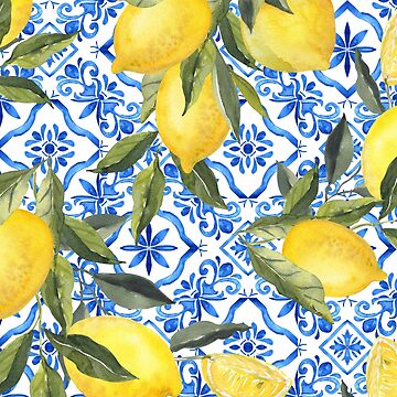Majolica Designer Inspired Cotton Fabric With Lemons Tiles 