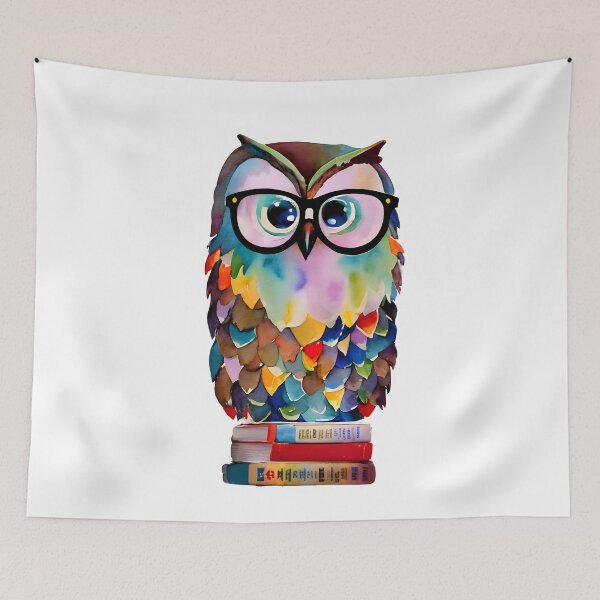 Item preview, Cute Colorful Watercolor Wise and Whimsical Owl Art - Adorable Owl with Glasses Sitting on Books 1 designed and sold by Cawaiico.