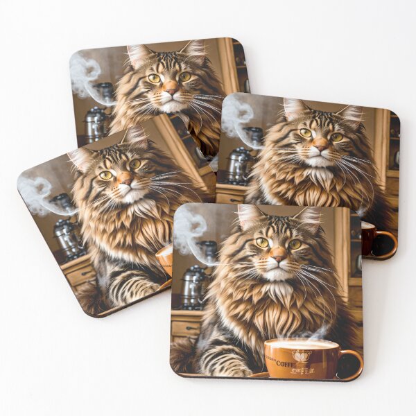 Item preview, Unique Art: Main Coone cat in front of a cup of coffee designed and sold by ArtCreator2023.