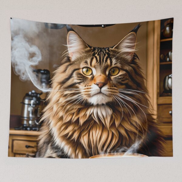 Item preview, Unique Art: Main Coone cat in front of a cup of coffee designed and sold by ArtCreator2023.