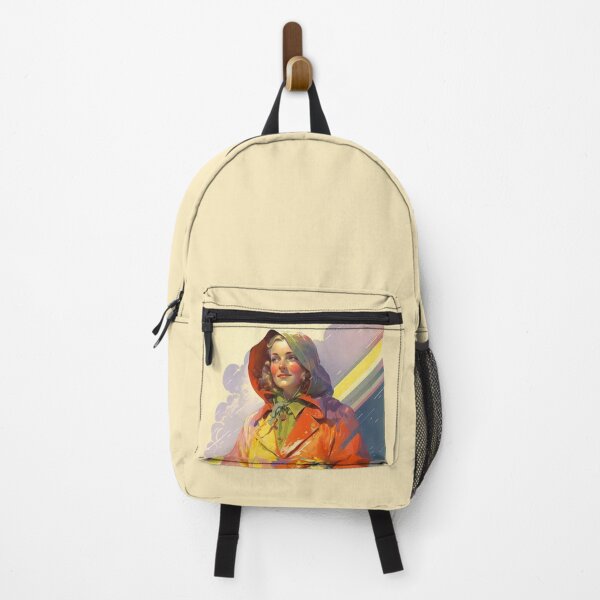 Item preview, Rainy Day Dreams: A Vintage Poster of a Woman in a Raincoat with Flowers under the Rainbow designed and sold by EmeraldeaArt.