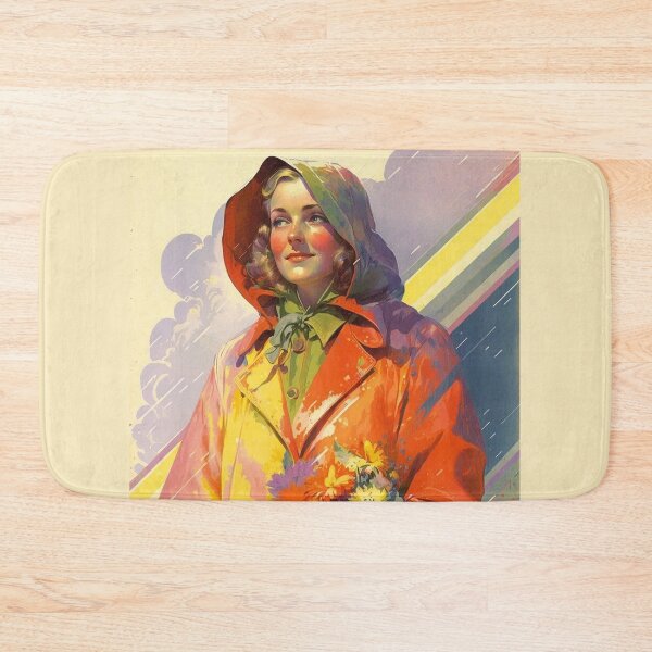 Item preview, Rainy Day Dreams: A Vintage Poster of a Woman in a Raincoat with Flowers under the Rainbow designed and sold by EmeraldeaArt.